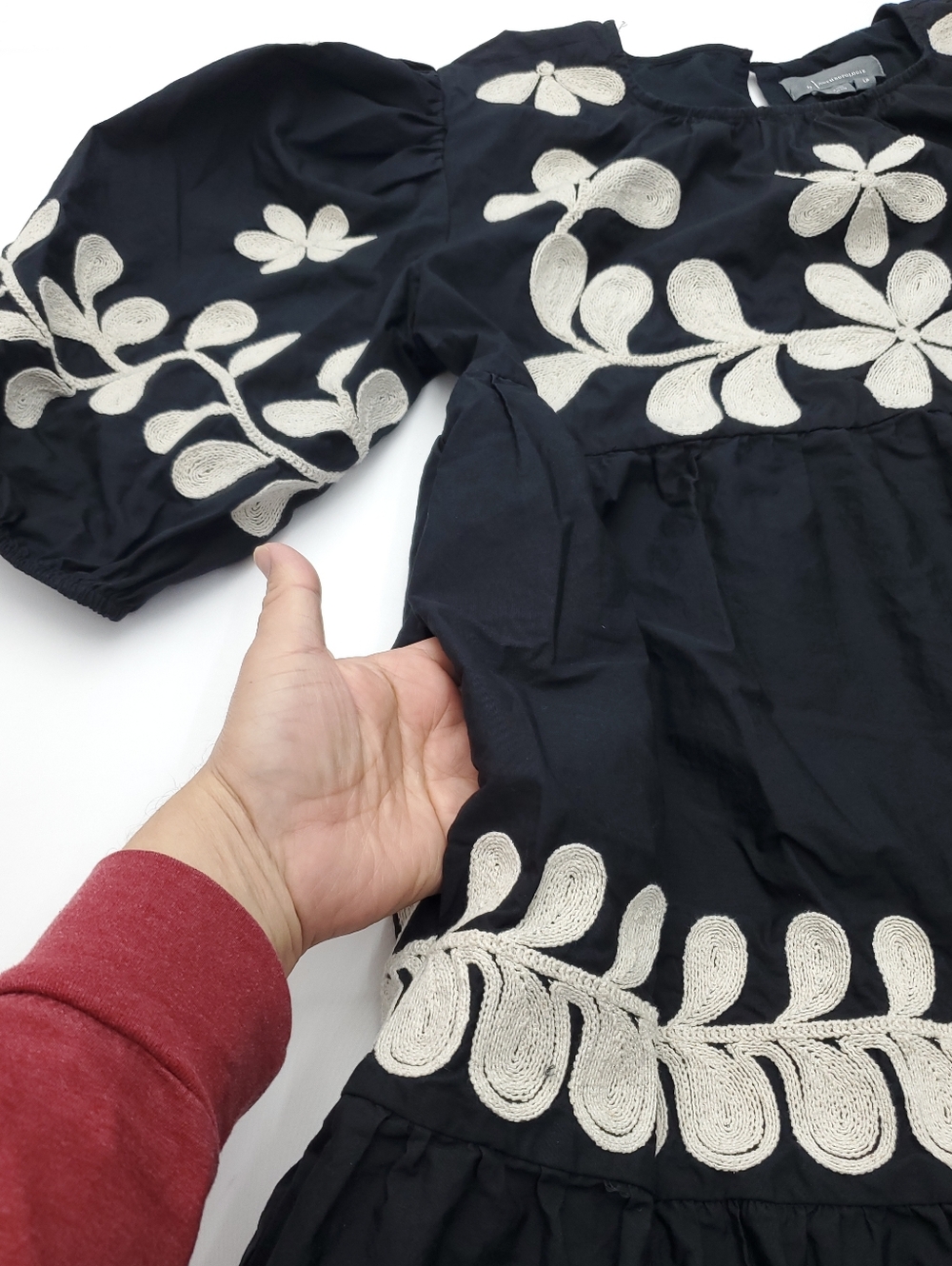 Anthropologie Embroidered Puff-Sleeve Black Midi Dress Boho Relaxed Cotton Sz LP - Picture 6 of 13